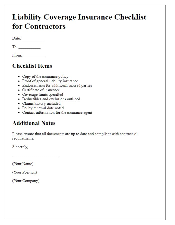 Letter template of liability coverage insurance checklist for contractors.