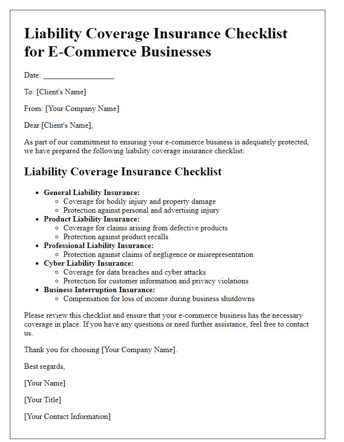 Letter template of liability coverage insurance checklist for e-commerce businesses.