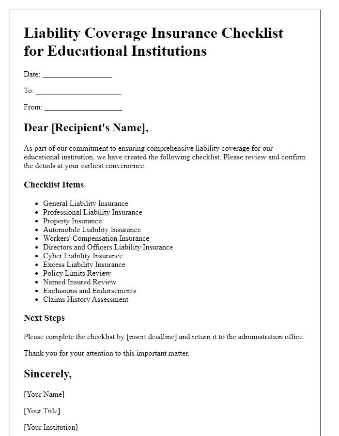 Letter template of liability coverage insurance checklist for educational institutions.