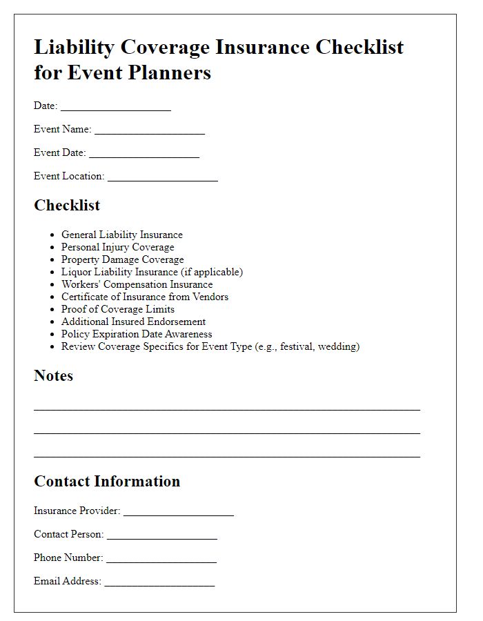 Letter template of liability coverage insurance checklist for event planners.