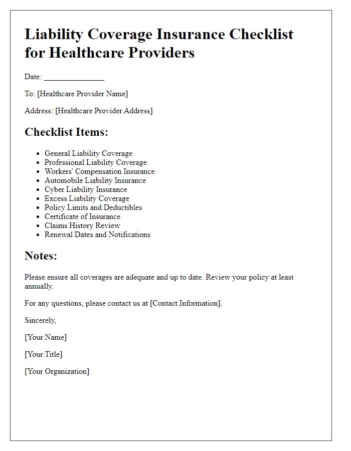 Letter template of liability coverage insurance checklist for healthcare providers.