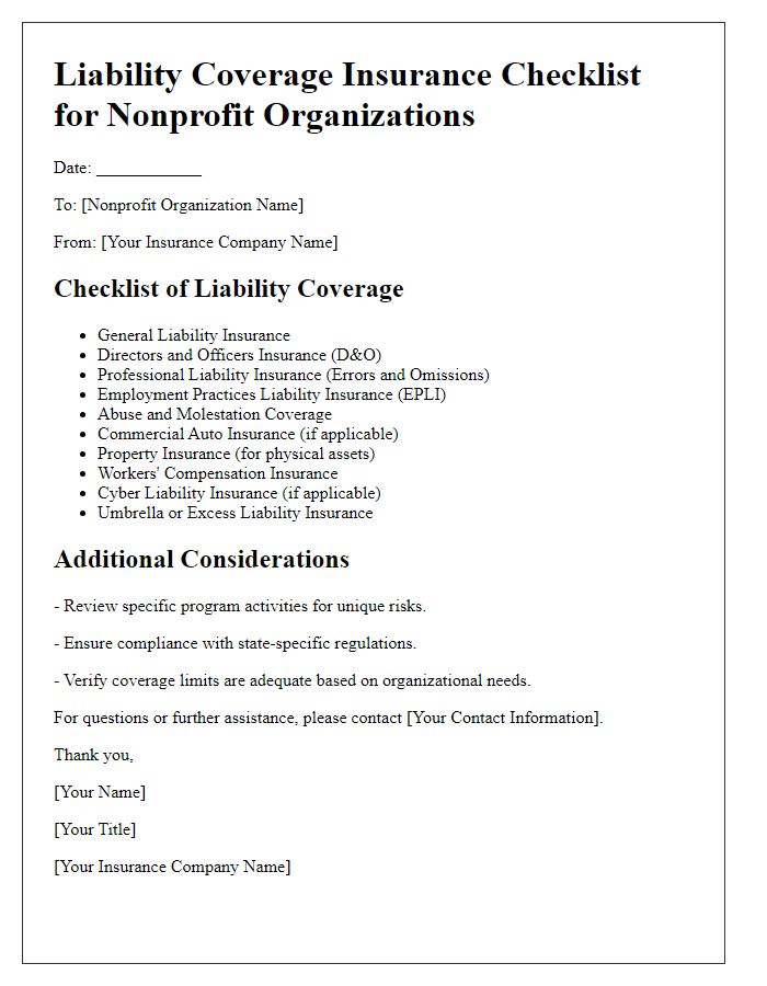 Letter template of liability coverage insurance checklist for nonprofit organizations.