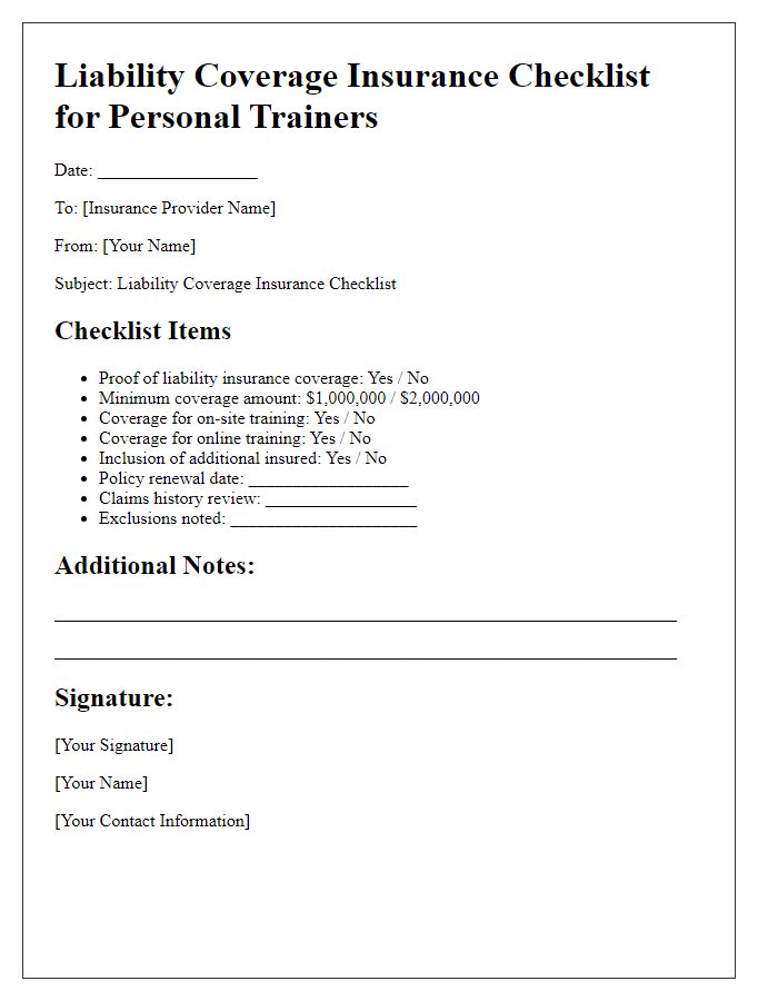 Letter template of liability coverage insurance checklist for personal trainers.