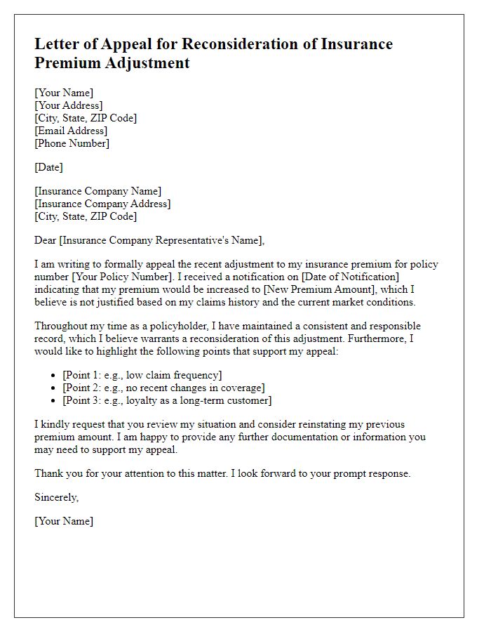 Letter template of appeal for reconsideration of insurance premium adjustment