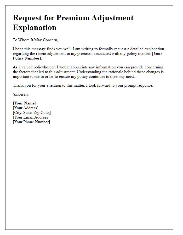 Letter template of formal request for premium adjustment explanation