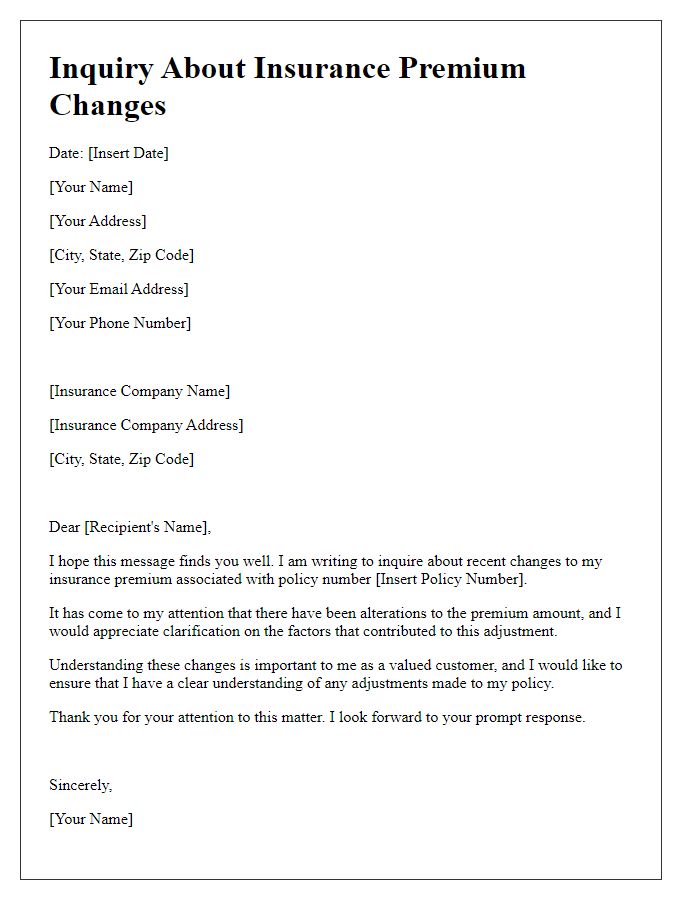 Letter template of inquiry about insurance premium changes