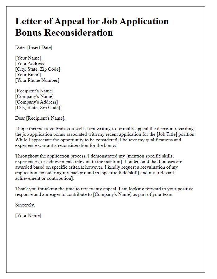 Letter template of appeal for job application bonus reconsideration