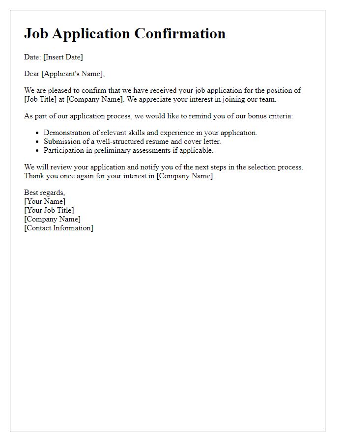 Letter template of confirmation for job application bonus criteria