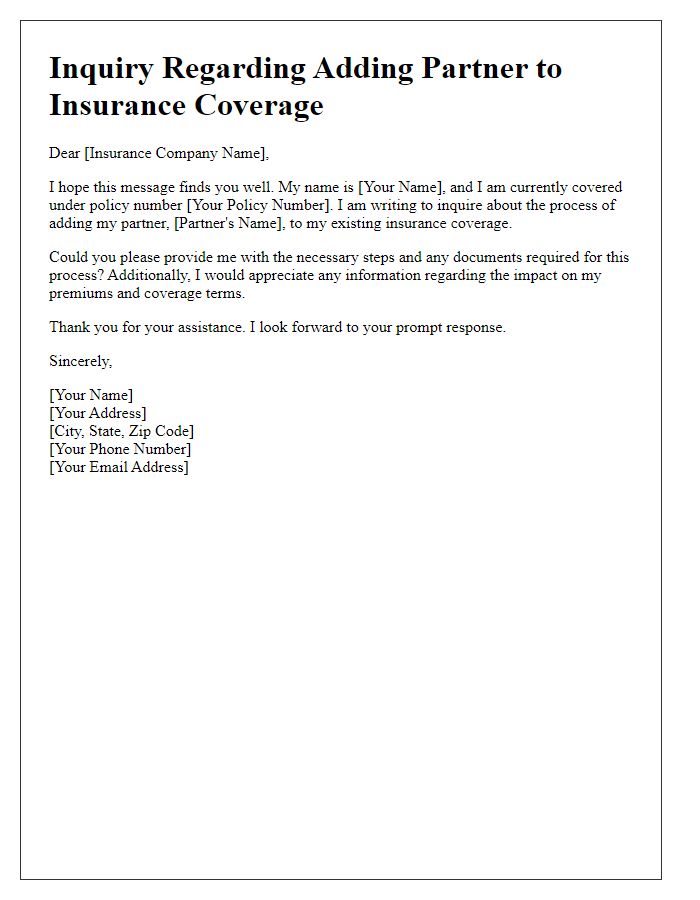 Letter template of inquiry for adding partner to insurance coverage