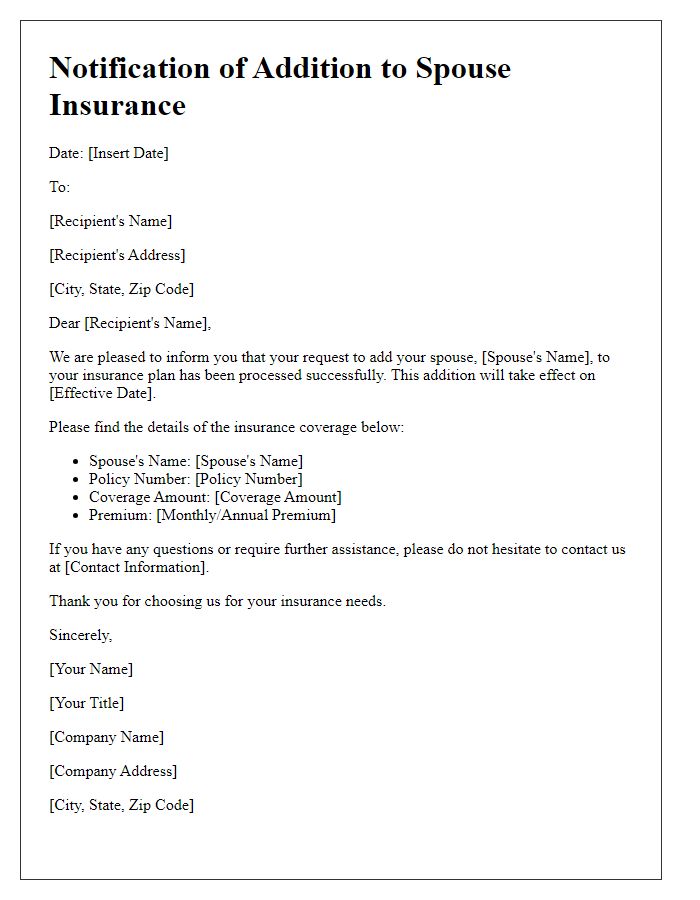 Letter template of notification for spouse insurance addition