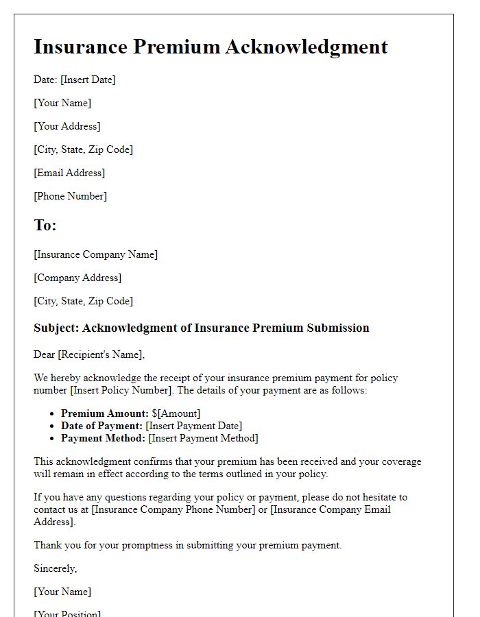 Letter template of acknowledgment of insurance premium submission