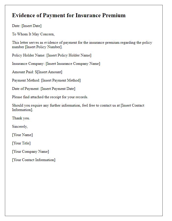 Letter template of evidence of payment for insurance premium