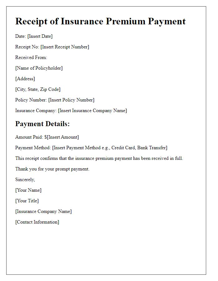 Letter template of formal receipt for insurance premium payment