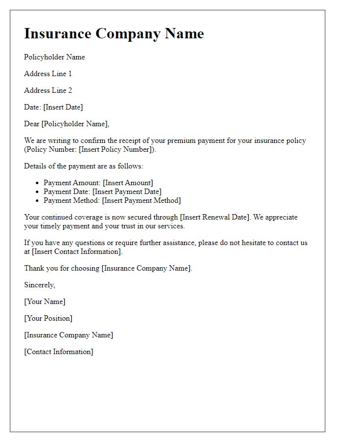 Letter template of premium payment verification for insurance policy