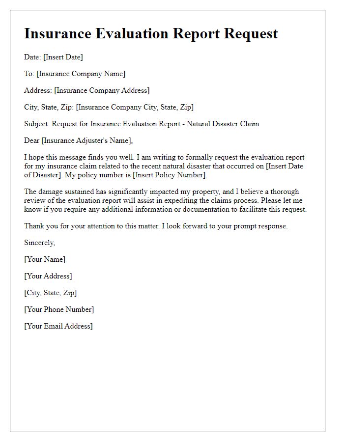 Letter template of insurance evaluation report request for natural disaster claims.