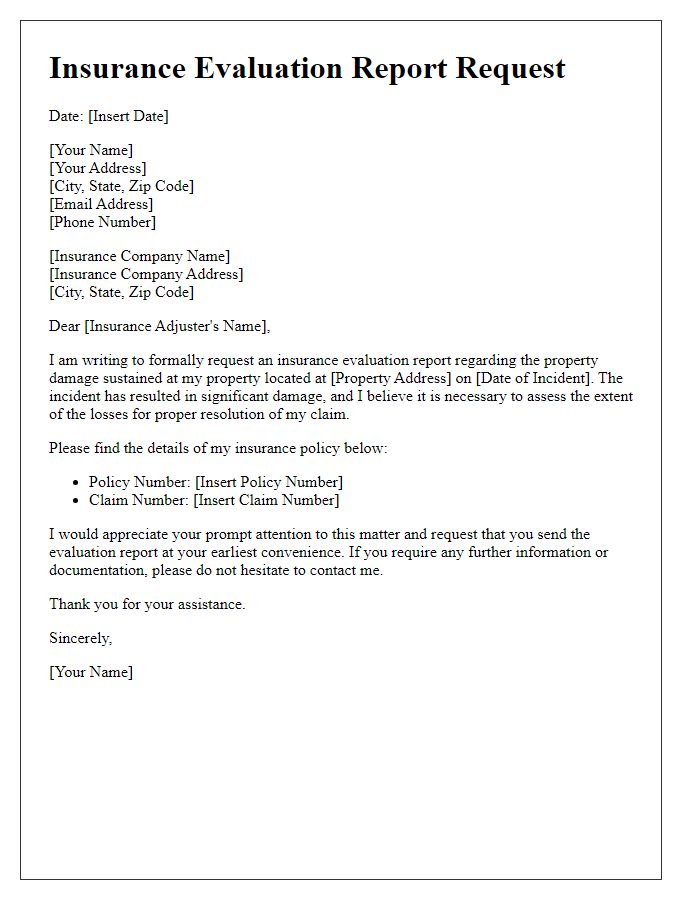 Letter template of insurance evaluation report request for property damage.