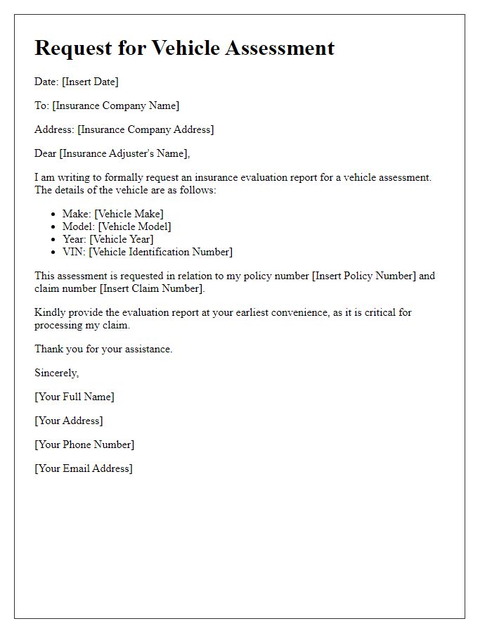 Letter template of insurance evaluation report request for vehicle assessment.