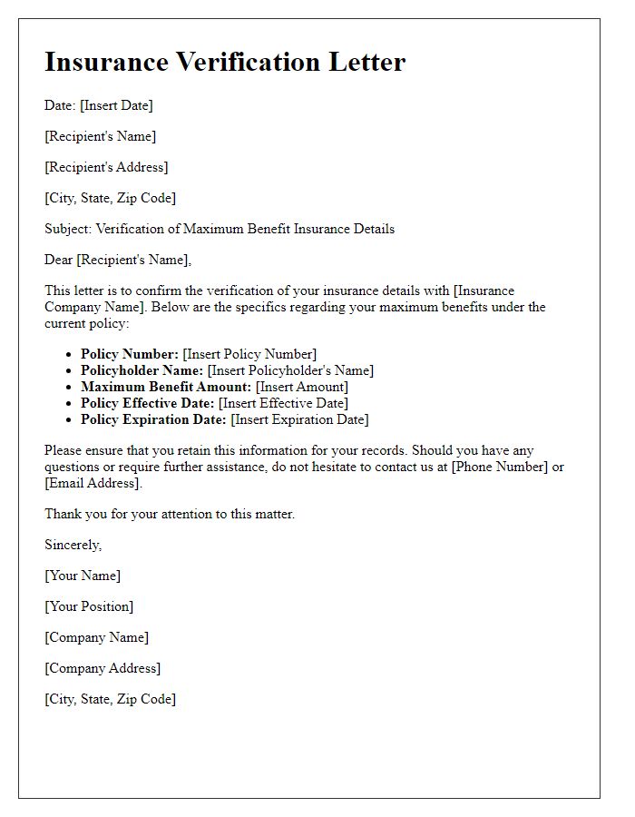 Letter template of verification of maximum benefit insurance details.