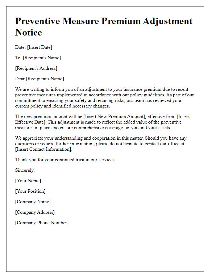 Letter template of preventive measure premium adjustment notice.