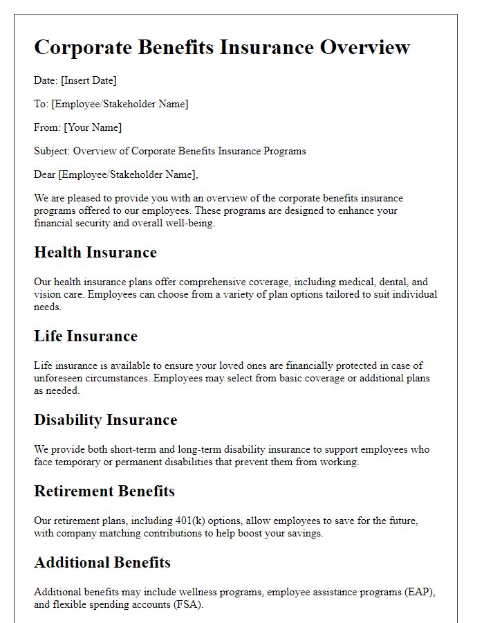 Letter template of corporate benefits insurance overview