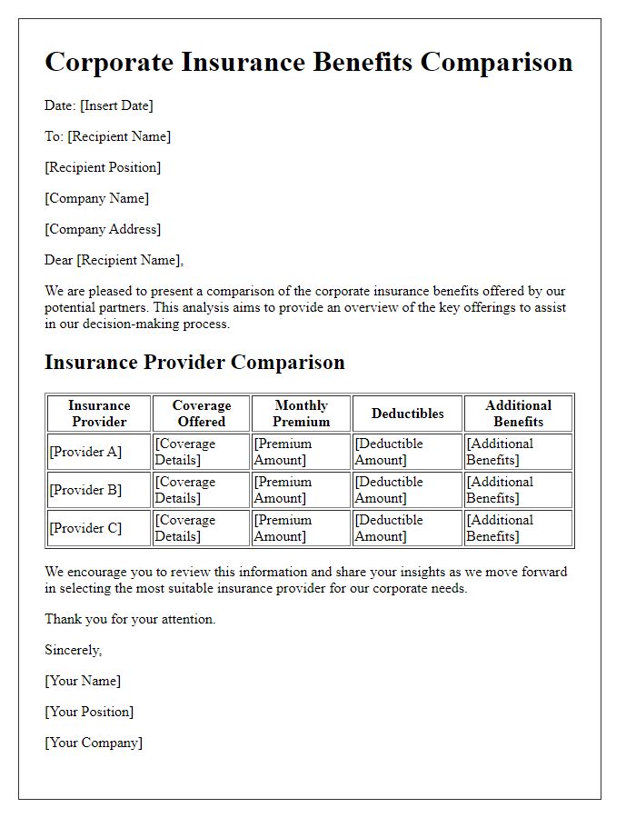 Letter template of corporate insurance benefits comparison