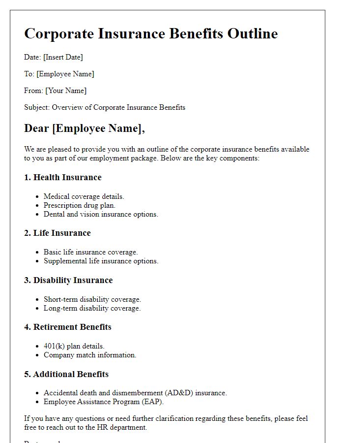 Letter template of corporate insurance benefits outline