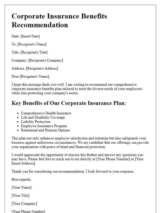 Letter template of corporate insurance benefits recommendation