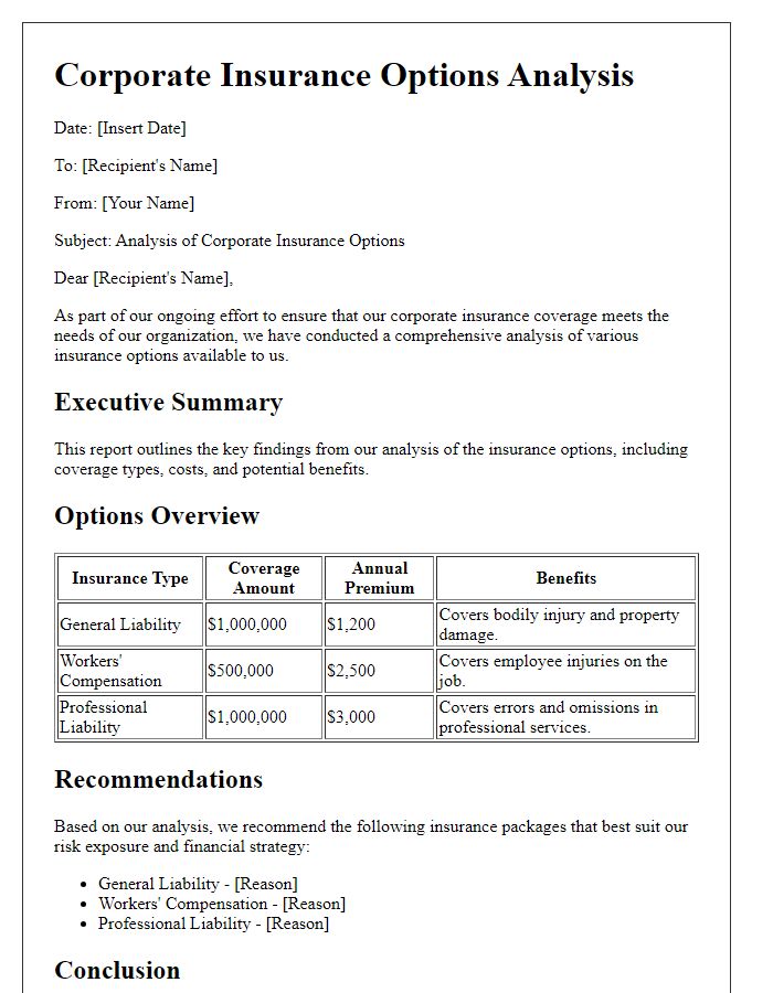 Letter template of corporate insurance options analysis