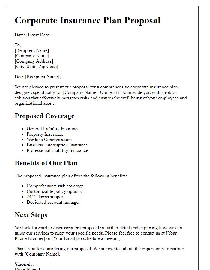 Letter template of corporate insurance plan proposal