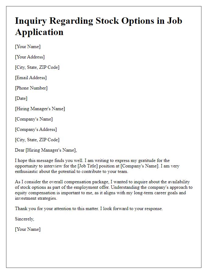 Letter template of exploring stock option availability in job application.