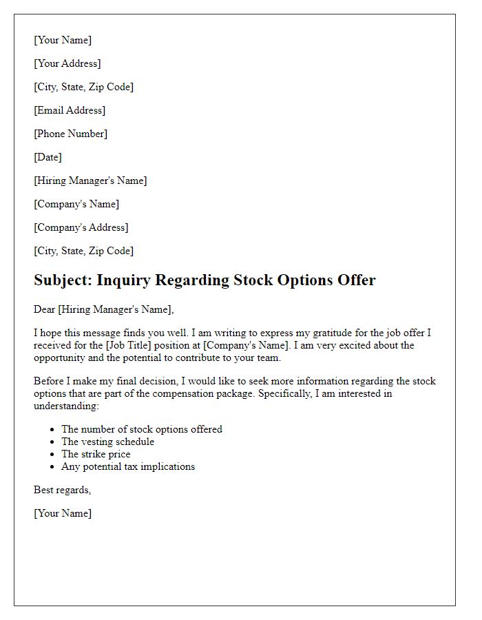 Letter template of seeking information on stock options with job offer.