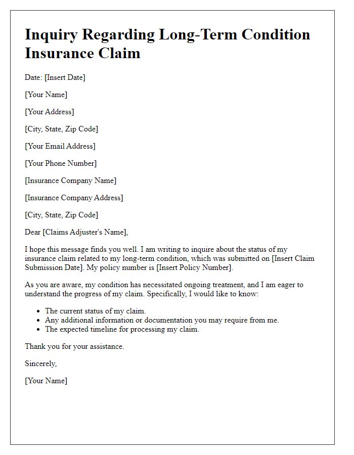 Letter template of long-term condition insurance claim inquiry