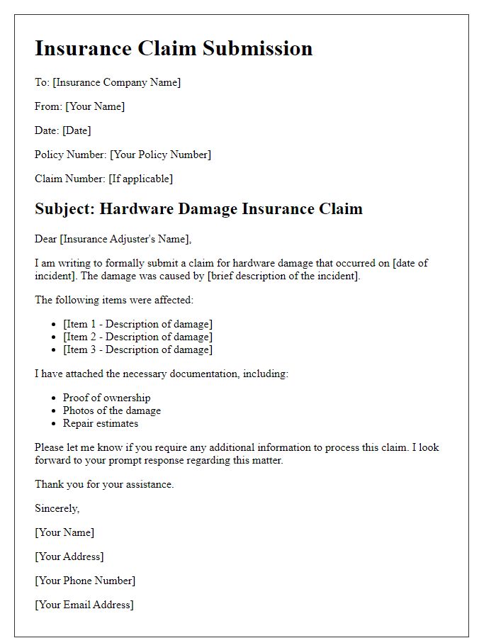 Letter template of hardware damage insurance claim submission