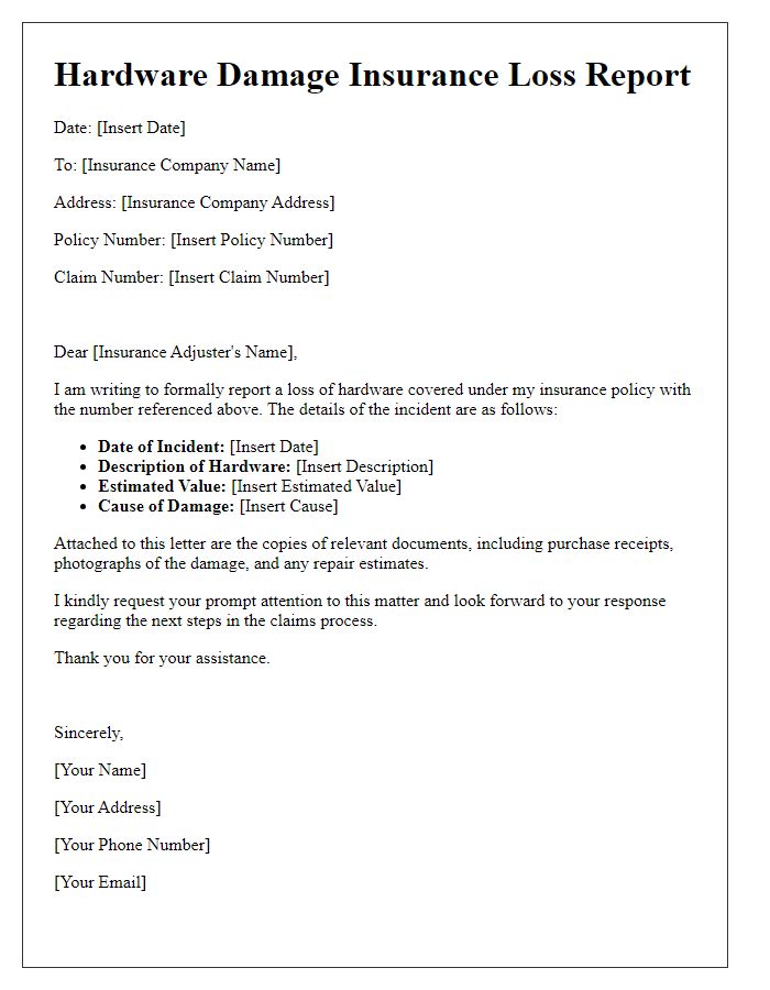 Letter template of hardware damage insurance loss report