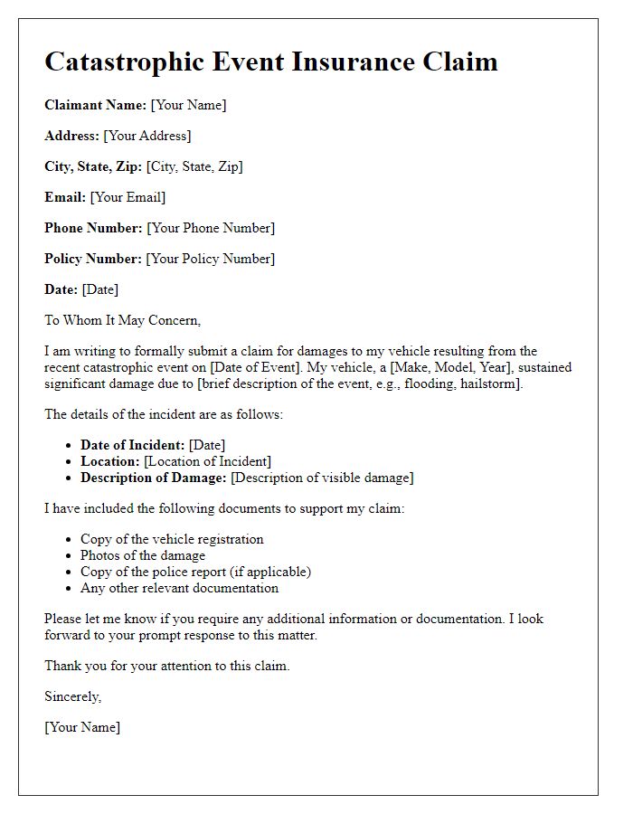 Letter template of catastrophic event insurance claim for auto damage.