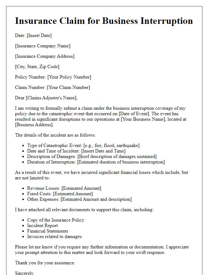 Letter template of catastrophic event insurance claim for business interruption.