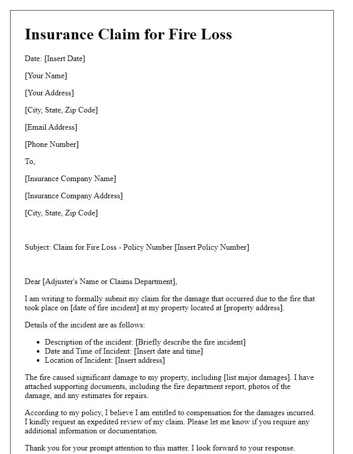 Letter template of catastrophic event insurance claim for fire loss.