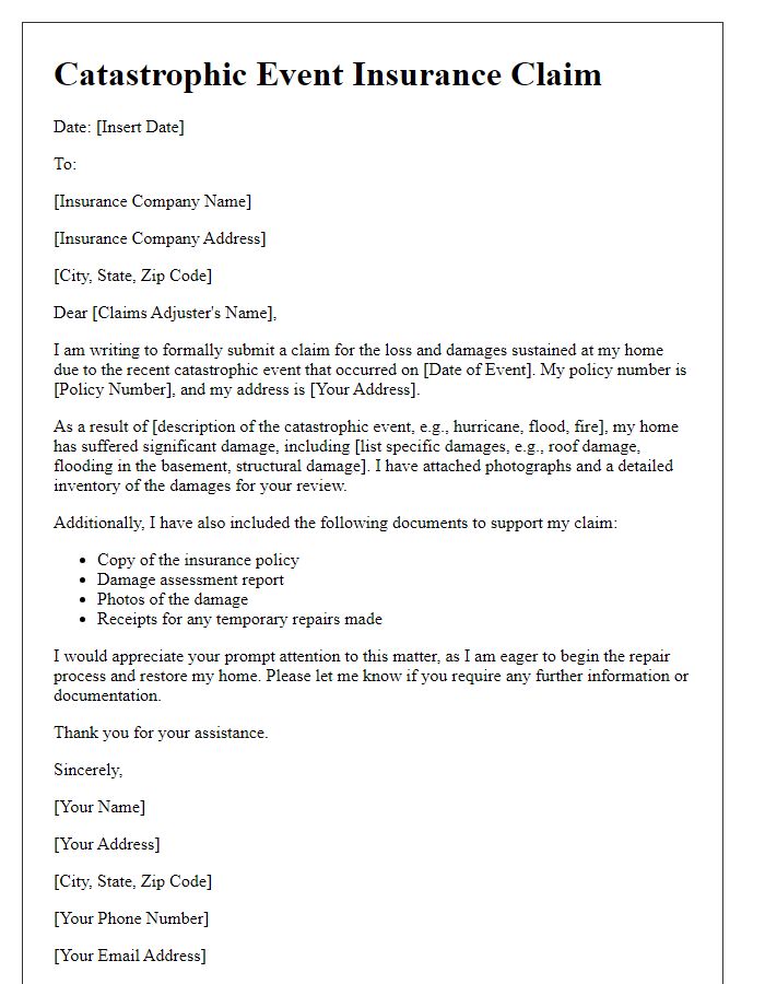 Letter template of catastrophic event insurance claim for home loss.