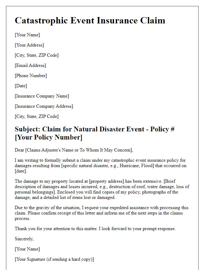 Letter template of catastrophic event insurance claim for natural disaster.