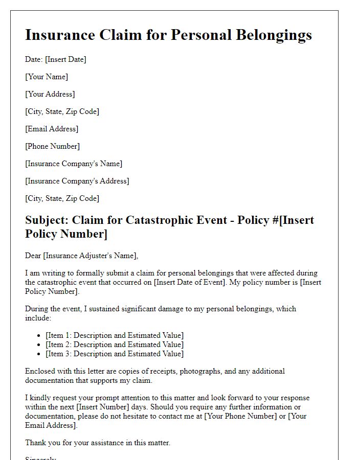 Letter template of catastrophic event insurance claim for personal belongings.