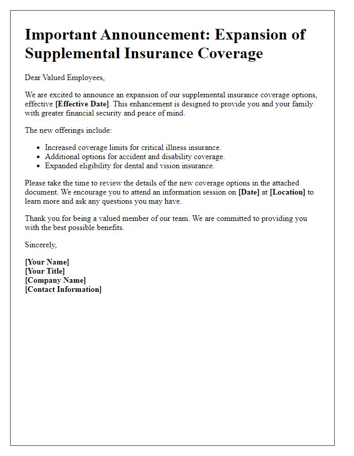 Letter template of supplemental insurance coverage expansion announcement.