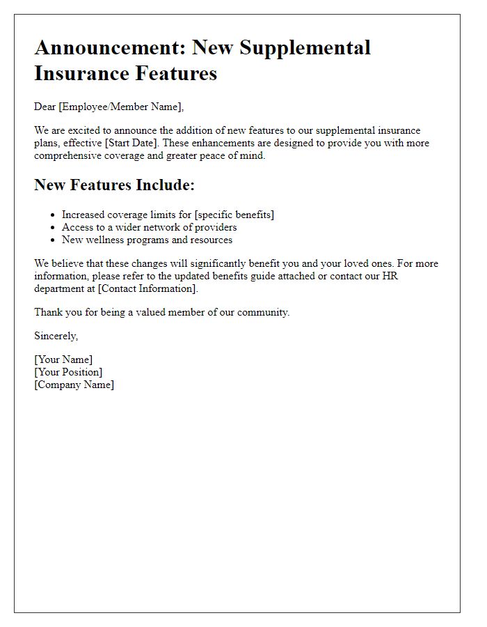 Letter template of supplemental insurance feature addition announcement.