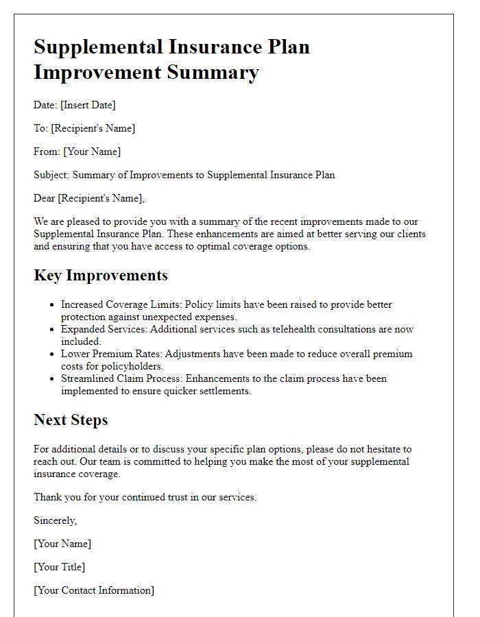 Letter template of supplemental insurance plan improvement summary.