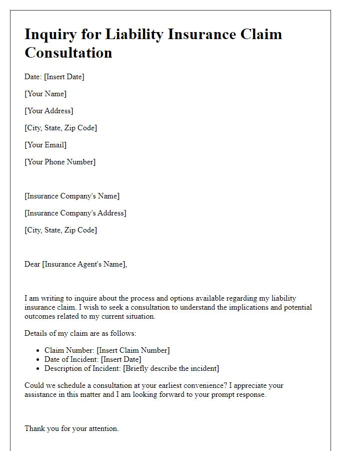 Letter template of inquiry for liability insurance claim consultation