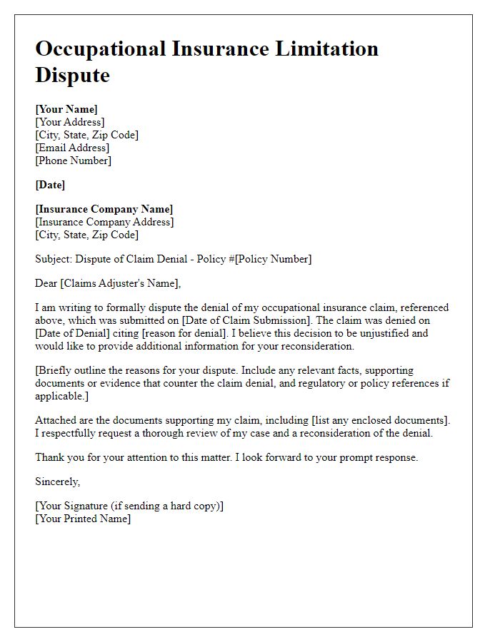 Letter template of occupational insurance limitation dispute for contractors addressing claim denials.