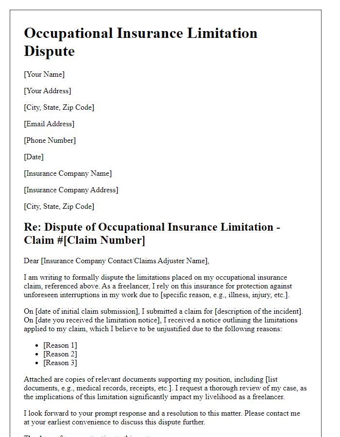 Letter template of occupational insurance limitation dispute for freelancers seeking compensation.