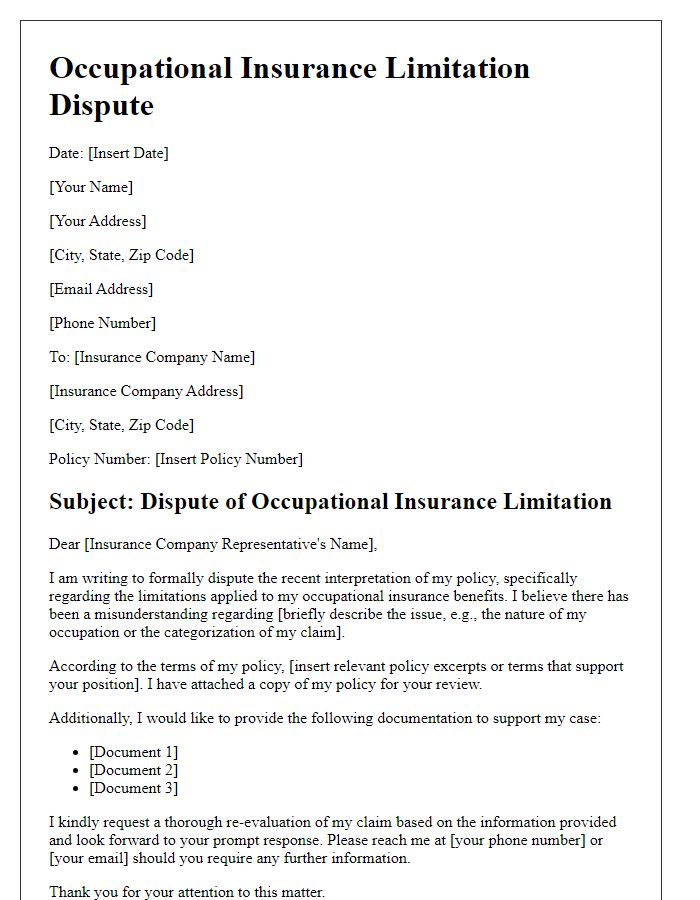 Letter template of occupational insurance limitation dispute for individuals contesting policy interpretations.