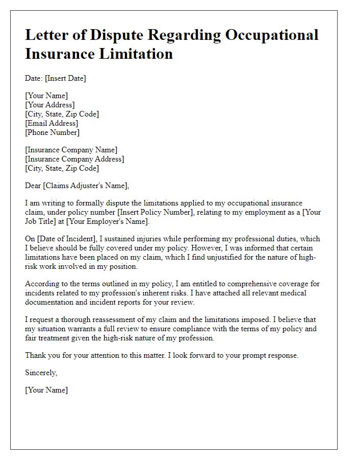 Letter template of occupational insurance limitation dispute for professionals in high-risk jobs.