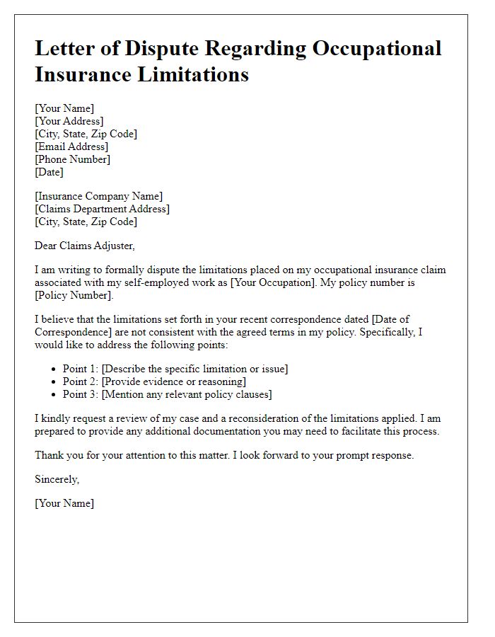 Letter template of occupational insurance limitation dispute for self-employed individuals.