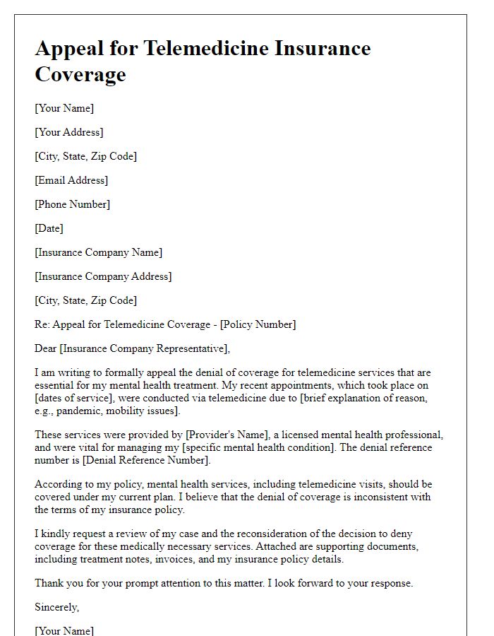 Letter template of telemedicine insurance coverage appeal for mental health services.